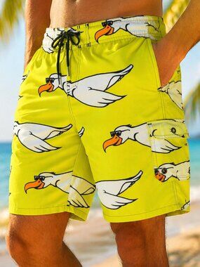 Hang Ten Swim Trunks Y2K Beach Neon Yellow Duck Print Size 30 Summer